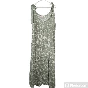 NWT C+D+M Shoulder Tie Tiered Maxi Dress Size XL Olive Green White Speckled